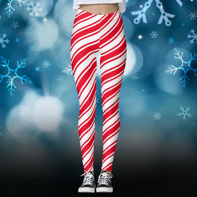 Legging Red White Candy Cane Diagonal Stripe Natal (Criador carregado)