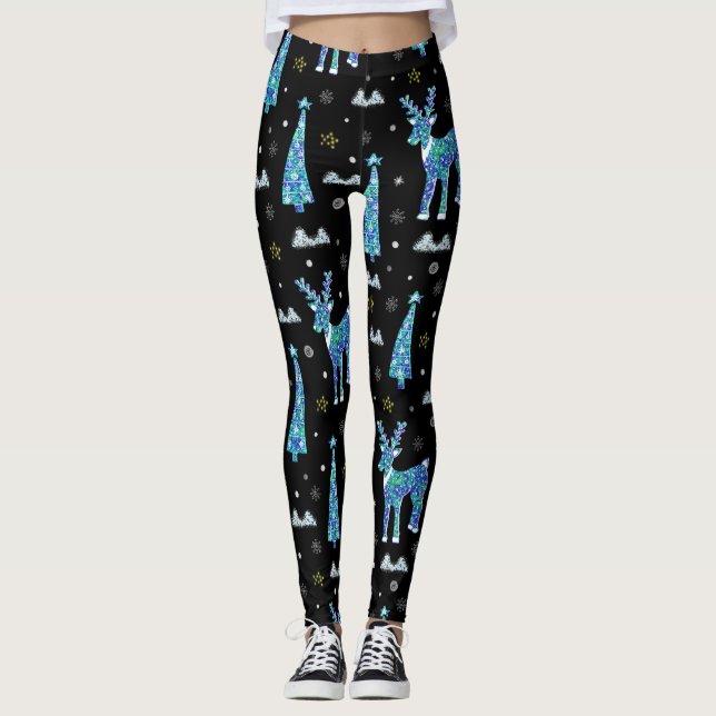 Legging Reindeer, flocos de neve, padrão de Natal (Frente)