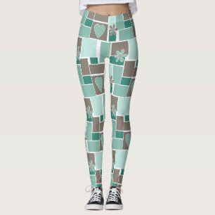 Legging Remendo de turquesa marrom de remendos quadrados