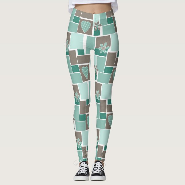Legging Remendo de turquesa marrom de remendos quadrados (Frente)