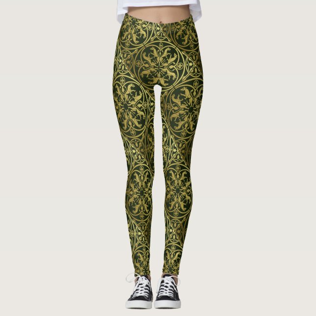 Legging Renascença Medieval Arauto Leão Leopardo Metálico  (Frente)