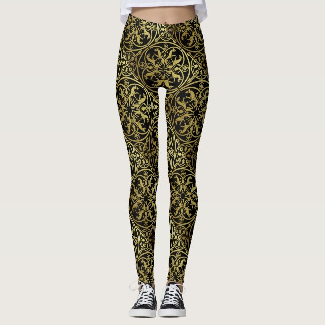 Legging Renascença Medieval Arauto Leão Leopardo Metálico  (Frente)