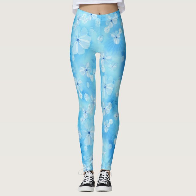 Legging Repetir flores azul céu pálido - água branca (Frente)