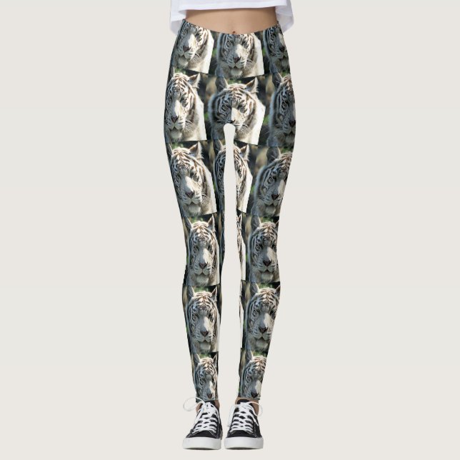 Legging Retrato de Tigre Branco com Marcações Castanhas Qu (Frente)