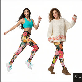 Legging Retro 70s Floral Groovy Daisy Backdrop black