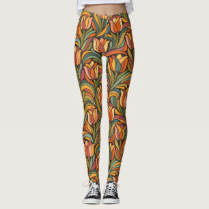 Legging Retro Abstrato Laranja Tulipa Floral Estilo Yoga