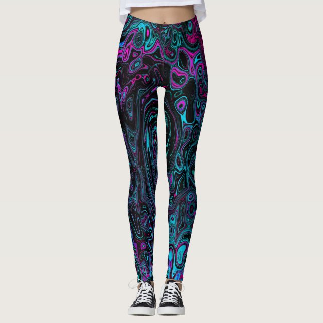 Legging Retro Aqua Magenta e Abstrato preto (Frente)