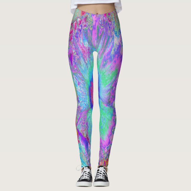 Legging Retro Arco-íris Psicodélico Flor-de-Hibisco Azul (Frente)