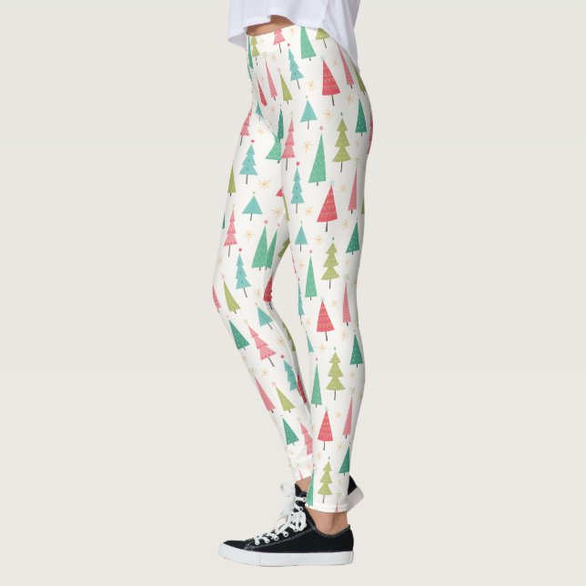 Legging Retrô Feliz Natal Árvores Divertidas Padrão de Fér (Esquerda)