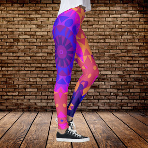 Legging Retro Mandala Flor Azul Cor-de-rosa e Laranja