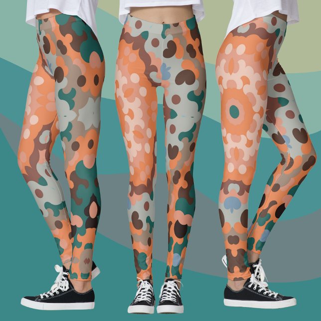 Legging Retro Mandala Flor Laranja Azul e Castanho (Criador carregado)