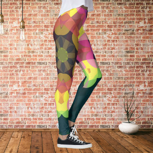 Legging Retro Mandala Flor Rosa Amarelo e Verde