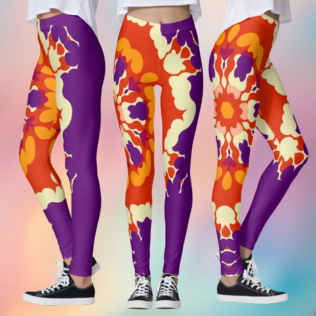 Legging Retro Mandala Puro Vermelho e Laranja (Retro Mandala Leggings from Wormhole Orbital)