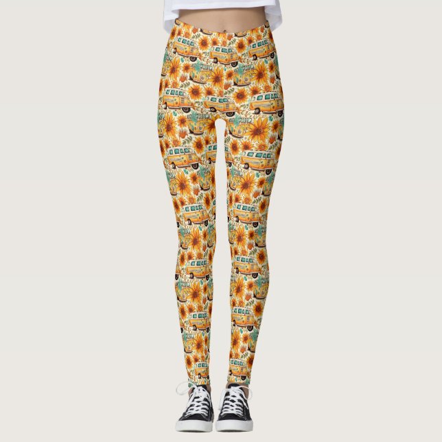 Legging Retro Sunflower Van Pattern – Vintage Boho Hippie (Frente)