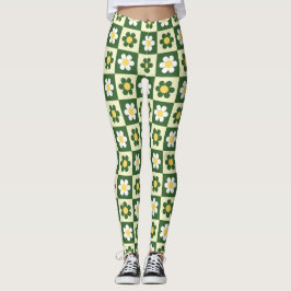Legging Retro Verde Sage e Creme Xadrez de Margaridas 