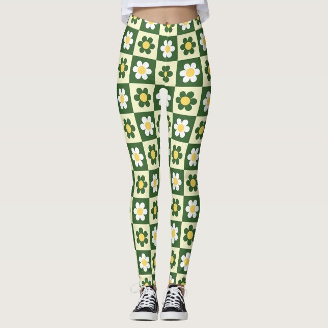 Legging Retro Verde Sage e Creme Xadrez de Margaridas  (Frente)