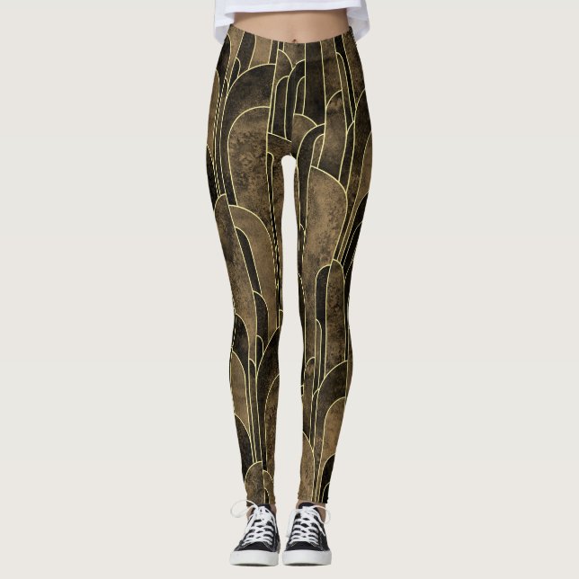 Legging Rich Brown e Dourado padrão de Deco de Arte (Frente)