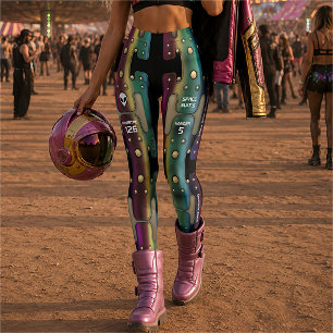 Legging Robô Garota Espacial de Metal Arco-íris Multicolor
