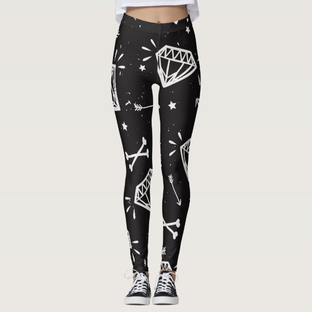 Legging Rock Grunge: diamantes, padrão ósseo. (Frente)
