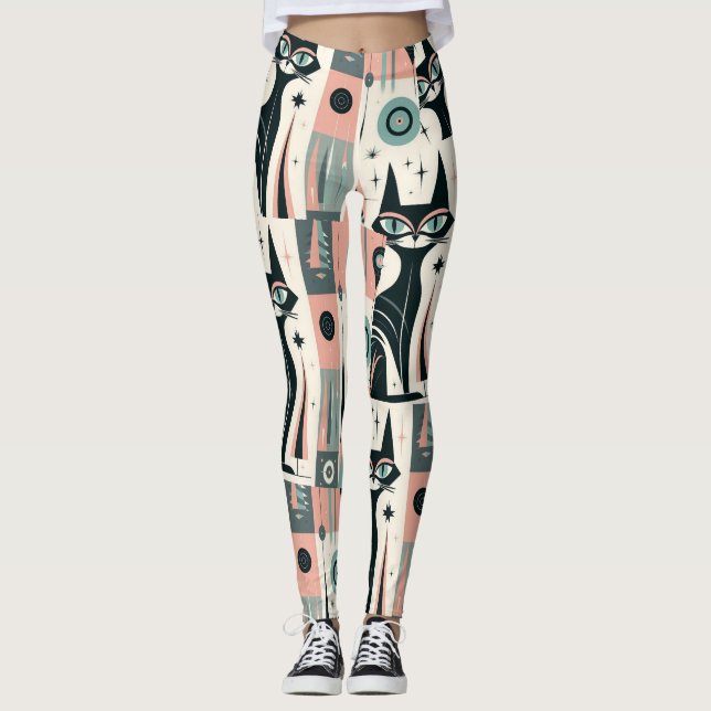 Legging Rosa Atômico Verde Água Padrão de Gato Meio do Séc (Frente)