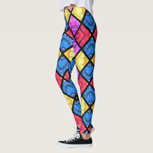 Legging Rosa azul Dourado vermelho do Harlequin do