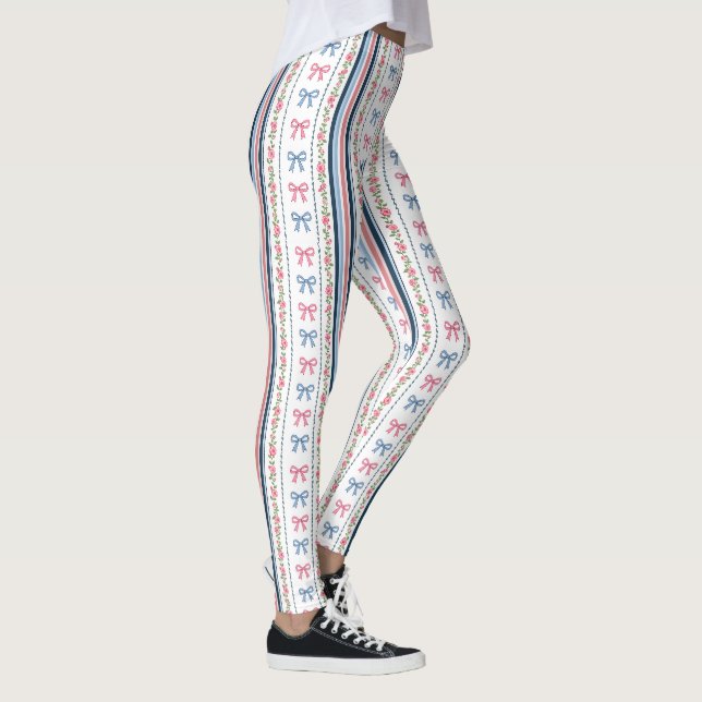 Legging Rosa Azul Préppy Coquette Laços Listras Tendência (Direita)