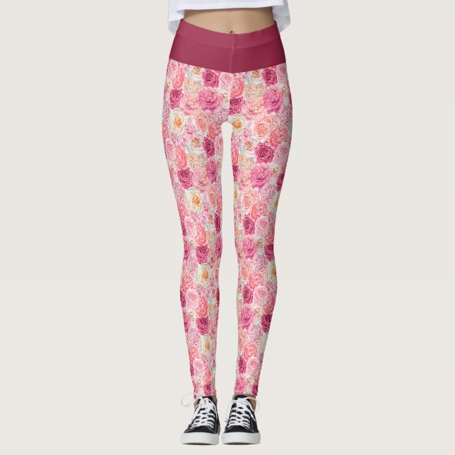 Legging Rosa Branco Bege Rosa Magenta Floral Flores Femini (Frente)