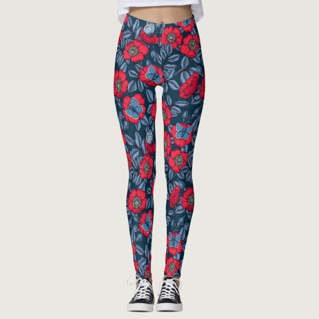 Legging Rosa de cão e borboletas em azul e vermelho (Frente)