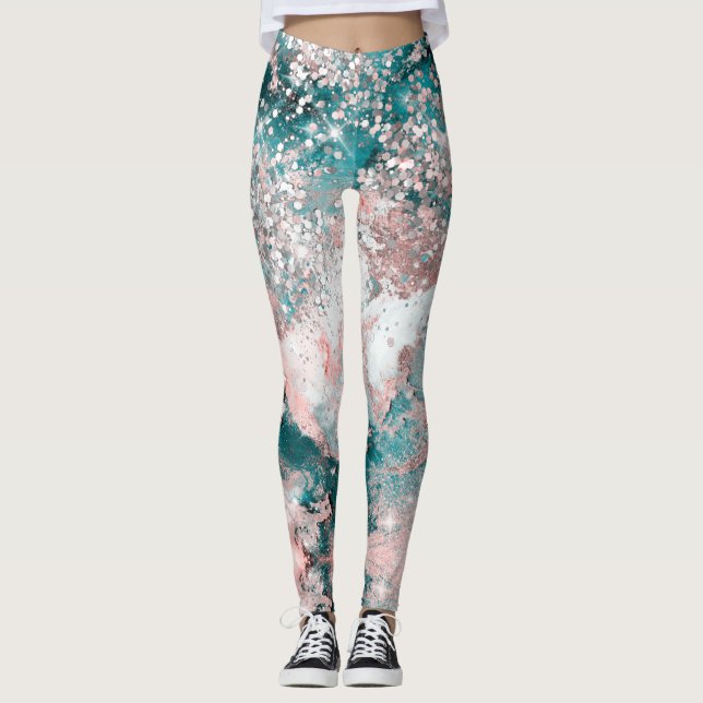 Legging Rosa de Glitter Elegante de Design de Teal Azul (Frente)