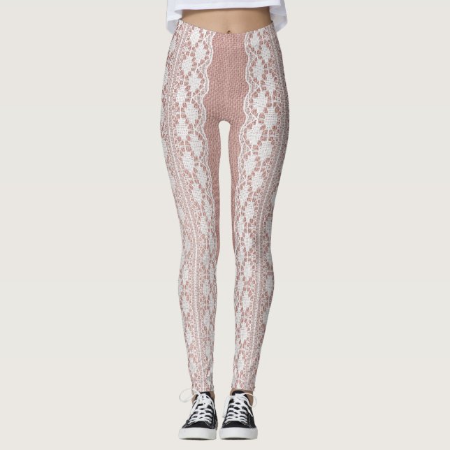 Legging Rosa de ouro metálico, textura de renda esbranquiç (Frente)