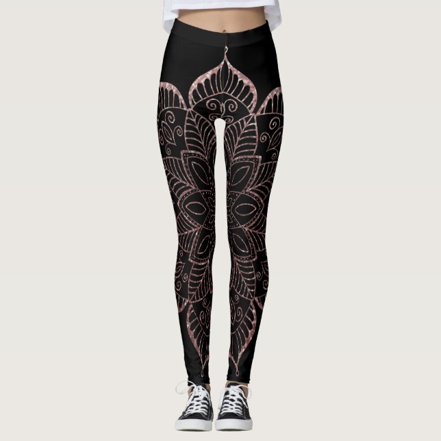Legging Rosa Dourado Faux Glitter Mandala sobre Preto Sóli (Frente)