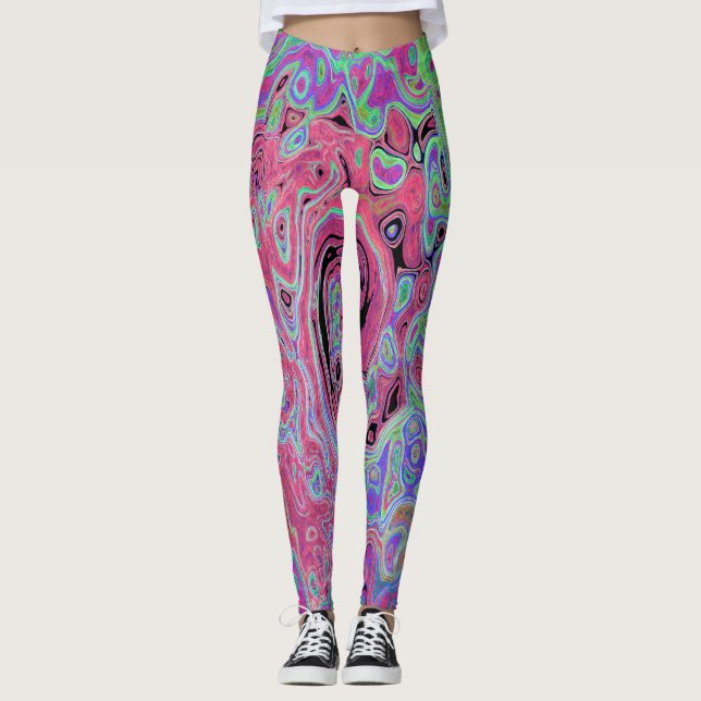 Legging Rosa e Verde Lima Groovy Abstrato Retro Espiral (Frente)
