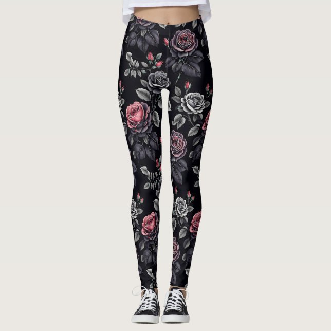 Legging Rosa Escuro de design de Arte Floral (Frente)