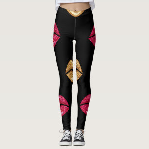 Legging Rosa Glamoroso Dourado: Padrão de Batom Brilhante