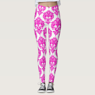 Legging Rosa Quente Branco Damasco Chic Moderno Padrão Ele