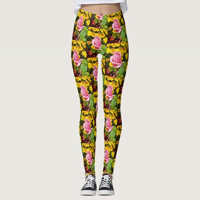 Legging Rosa Rosa Rosa Rosa Rosa Rosa e Flores Amarelas (Frente)