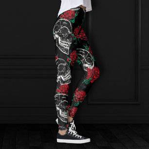 Legging Rosa vermelha do crânio   Grelha Gótica Moderna 