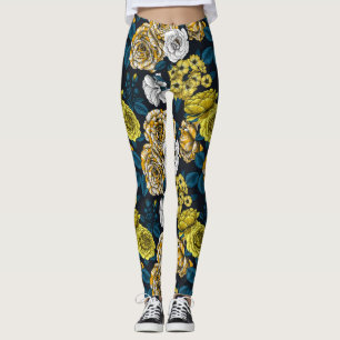 Legging Rosas amarelas, brancas e bicolores com folhas azu