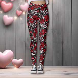 Legging Rosas bonito, Vermelhas, Pretas e Brancas, Coraçõe