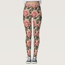 Legging Rosas Cor-de-Rosa Com Folhas em Pinceladas