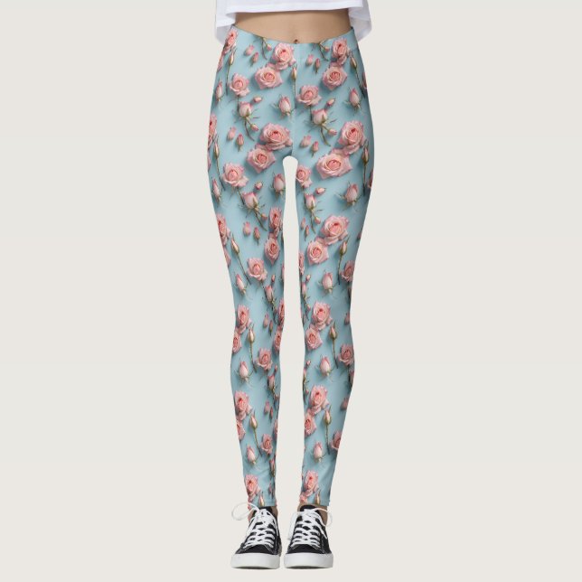 Legging Rosas Cor-de-Rosa Espalhadas Sobre Fundo Azul Clar (Frente)