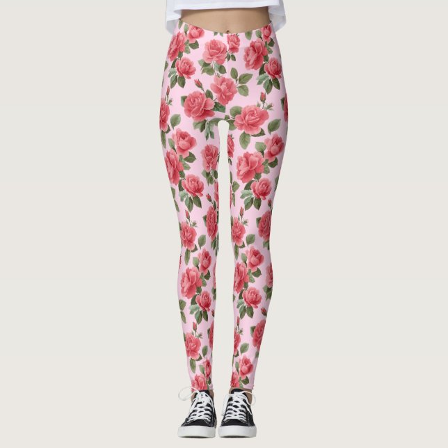 Legging Rosas Cor-de-Rosa Românticas Padrão Botânico (Frente)