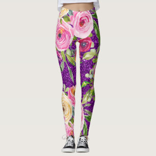 Legging Rosas de aquarela, cor-de-rosa e creme, com brilho