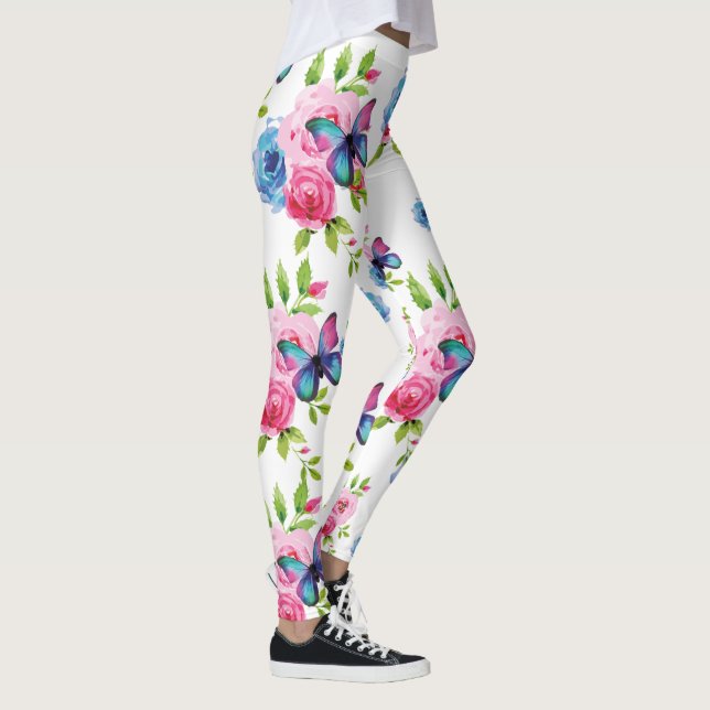 Legging Rosas de aquarela e borboletas Bonito Rosa e Azul (Direita)