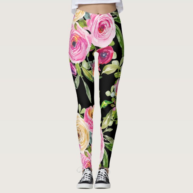 Legging Rosas de aquarelas a rosa e creme a preto (Frente)