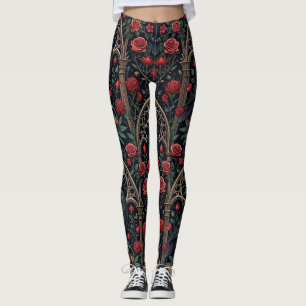 Legging Rosas de Corvo Gótico Padrão Ornamentado