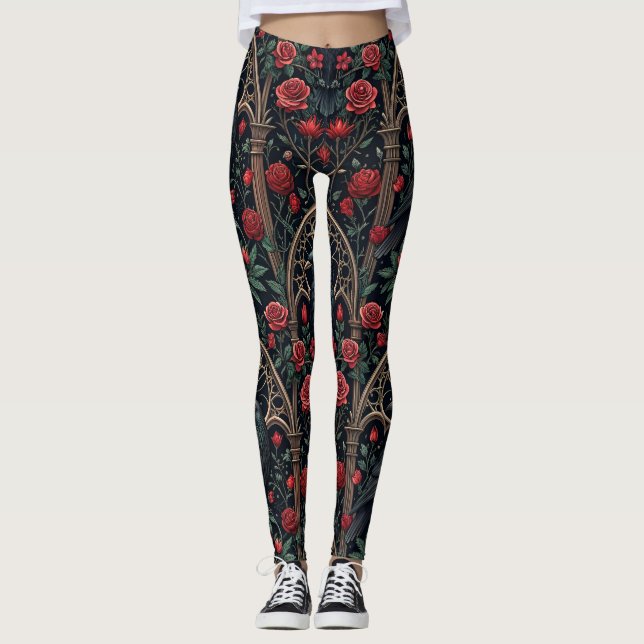 Legging Rosas de Corvo Gótico Padrão Ornamentado (Frente)
