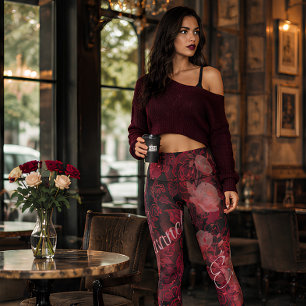 Legging Rosas de Renda Carmesim Moda Floral Gótica Românti