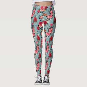 Legging Rosas de vindima e Florais num Fundo Azul