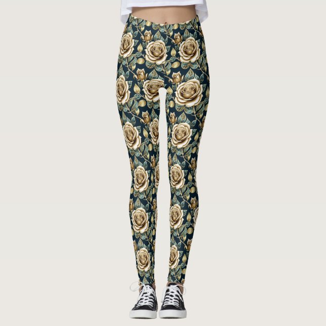Legging Rosas Douradas Com Acabamento Metálico (Frente)